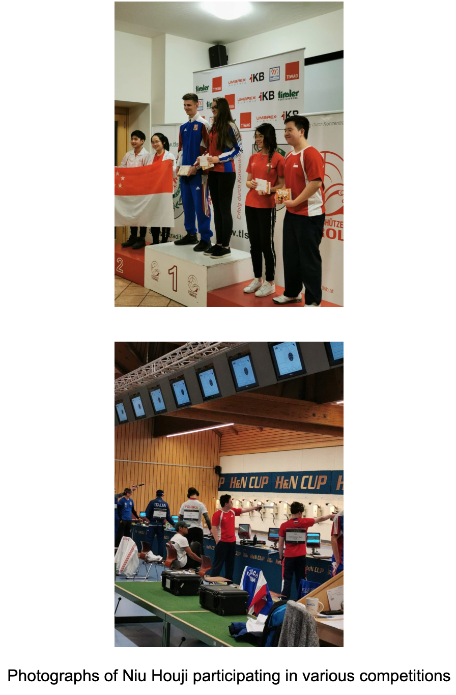 Two photos showing athletes on a podium holding a Singapore flag and competitors at an H&N Cup shooting range.